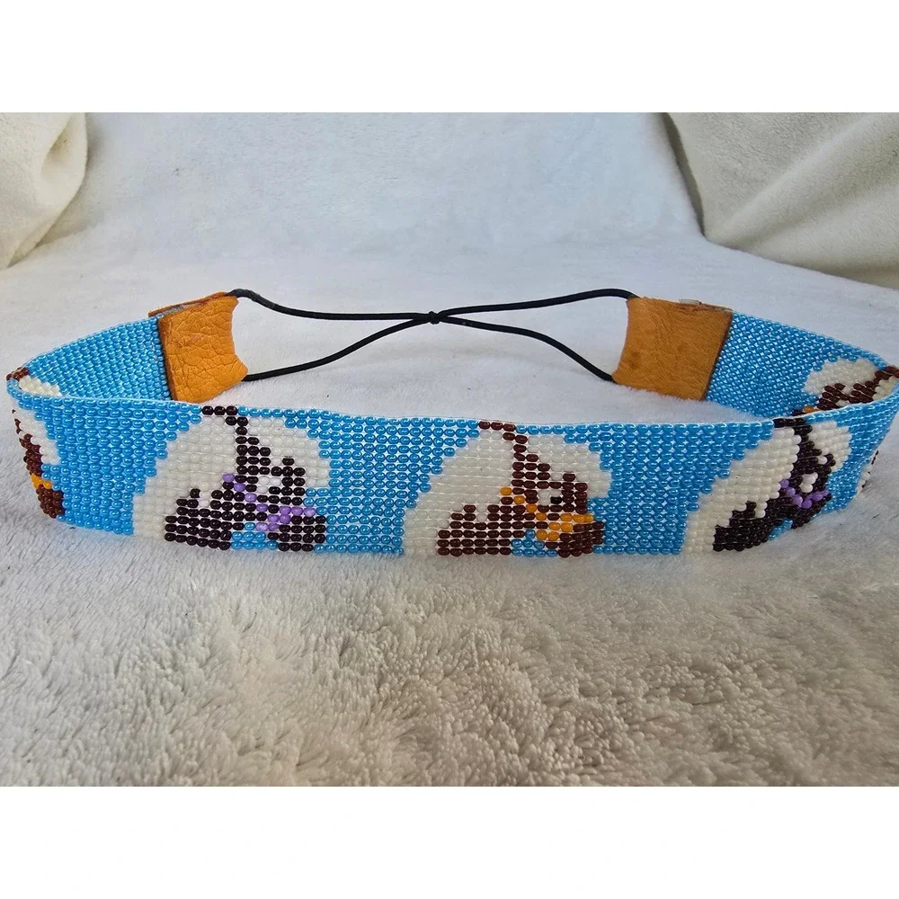 Handmade Seed Bead Loom Woven Headband Blue Landscape Boho Southwestern Style
